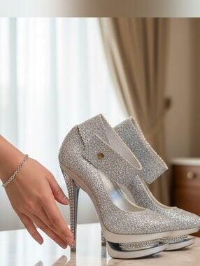 Celeste Silver Glitter Platform Stiletto Heels with Ankle Strap 1086